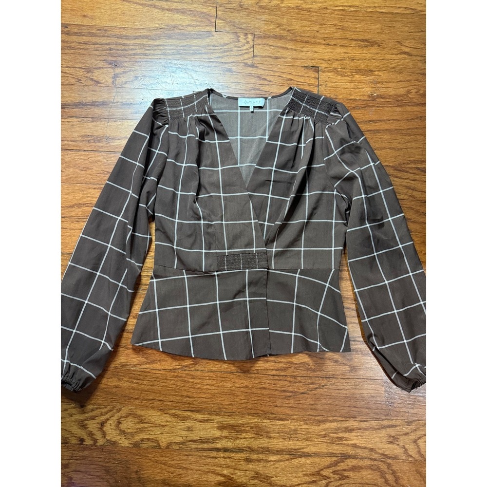 WAYF Brown Windowpane Plaid Smocked Wrap V-Neck Peplum Blouse Small